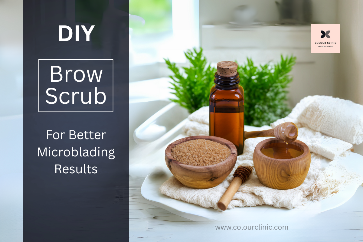 DIY brow scrub ingredients: sugar, honey, olive oil in prep bowls