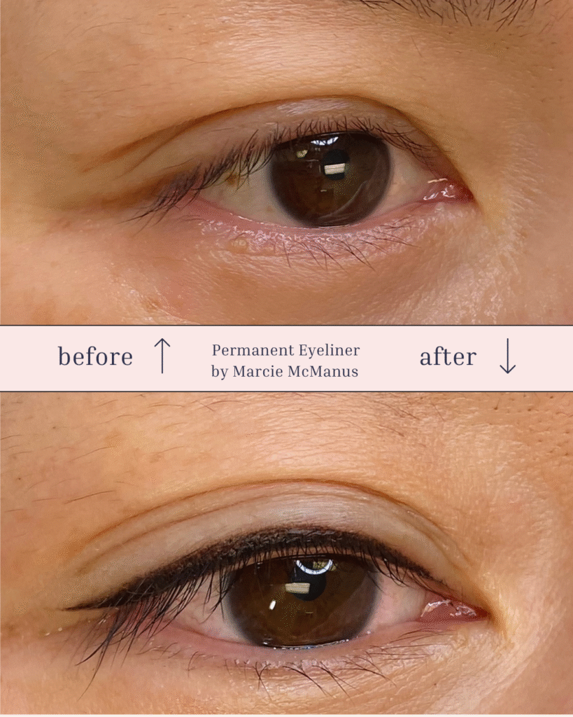 Before and after photo of upper eyeliner tattoo showing defined lash line